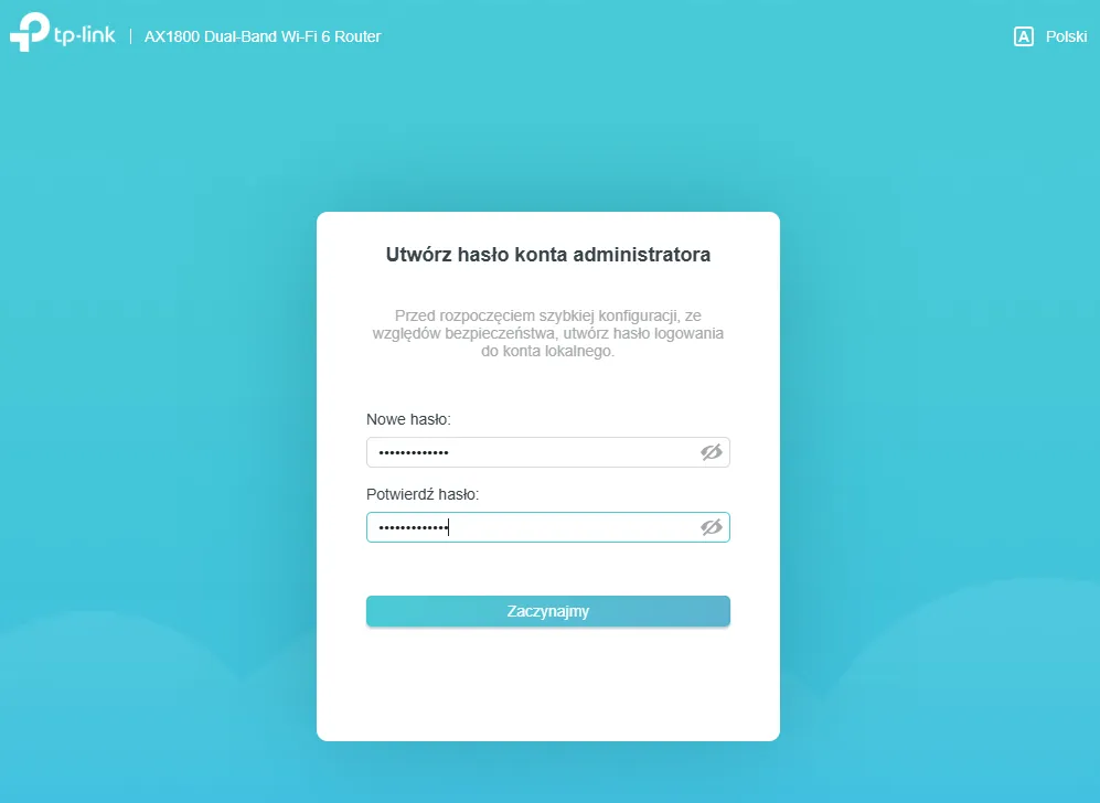 Okno konfiguracji nowego hasła administratora routera TP-Link