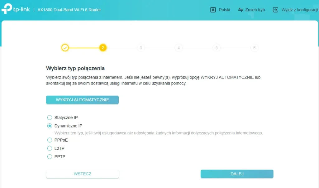 Okno konfiguracji typu połączenia w routerze TP-Link