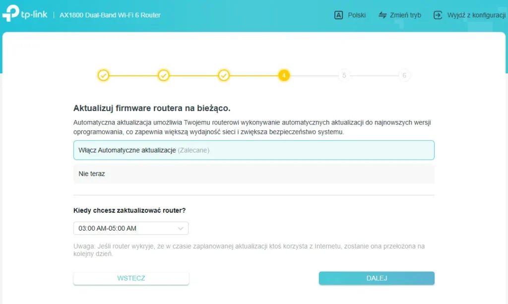 Okno konfiguracji automatycznych aktalizacji w routerze TP-Link