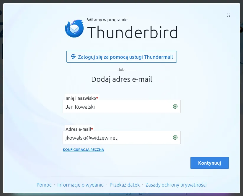 Okno konfiguracji nadawcy skrzynki pocztowej w Thunderbird