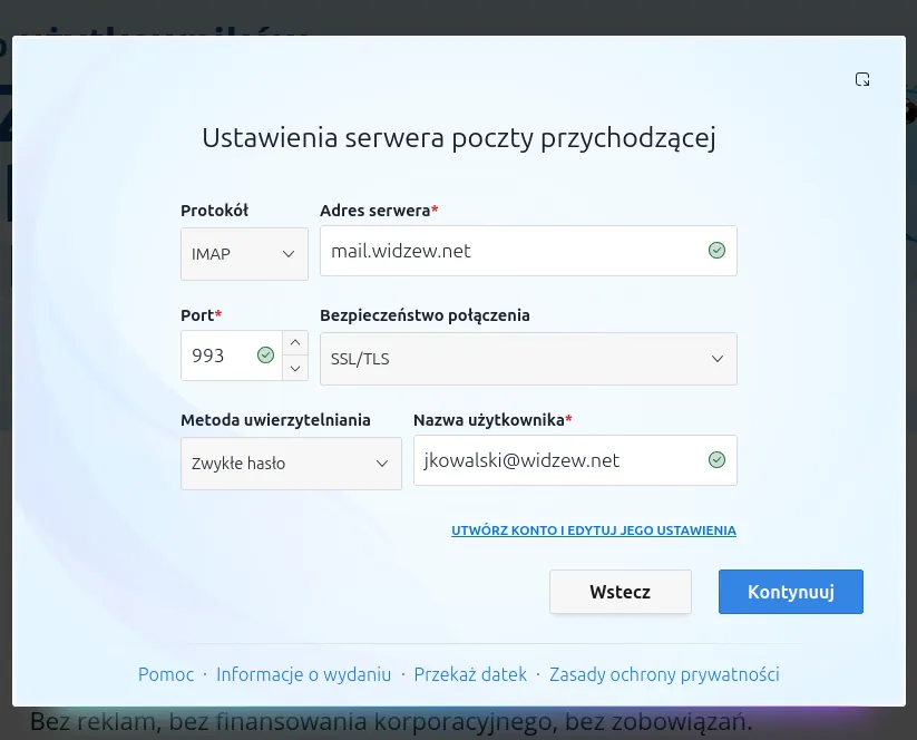 Okno konfiguracji poczty przychodzącej w Thunderbird