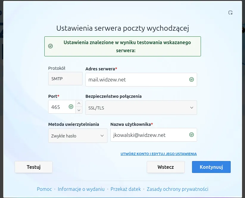 Okno konfiguracji poczty wychodzącej w Thunderbird