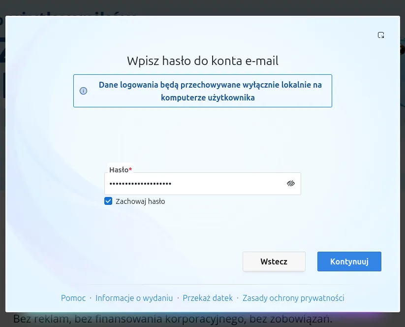 Okno konfiguracji hasła do skrzynki pocztowej w Thunderbird