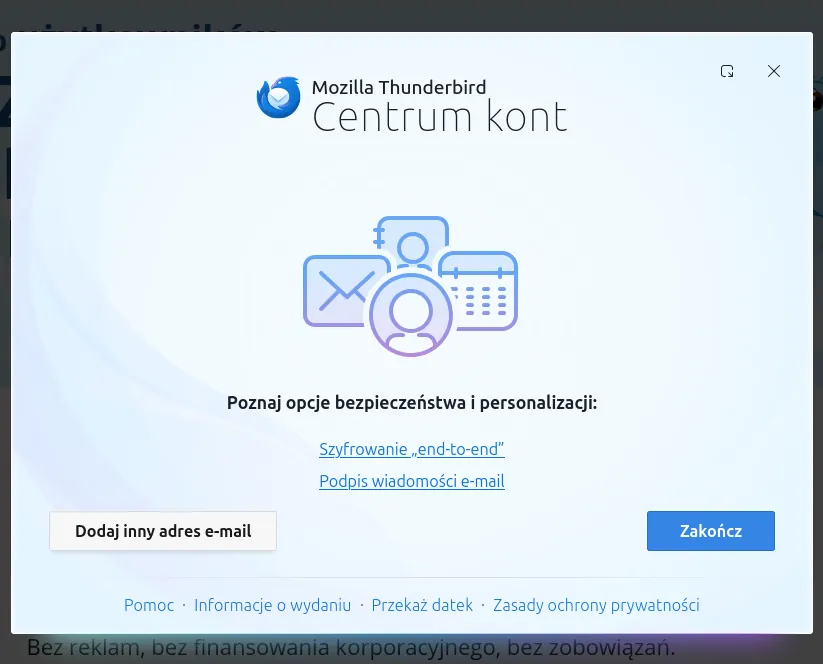 Okno zakończenia konfiguracji skrzynki pocztowej w Thunderbird