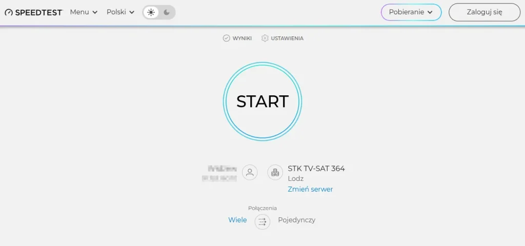 Okno speedtest.net przed rozpoczęciem pomiaru prędkości