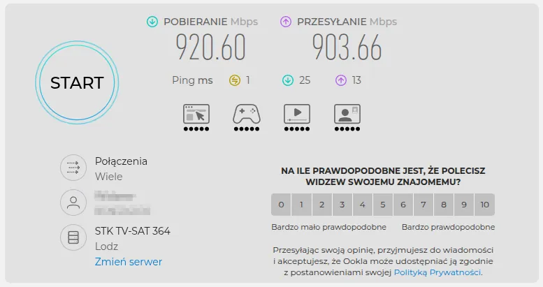 Wynik pomiaru prędkości w speedtest.net
