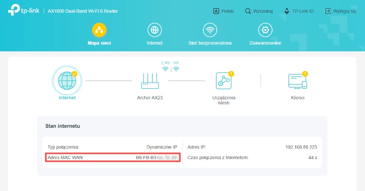 Strona Mapa sieci w interfejsie web routera TP-Link