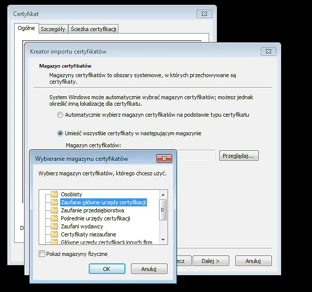 Okno instalacji nowego certyfikatu w systemie Windows 7
