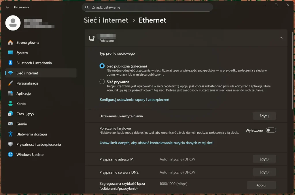 Okno konfiguracji interfejsu sieciowego w systemie Windows