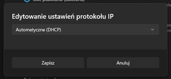 Okno edycji ustawień protokołu IP w systemie Windows